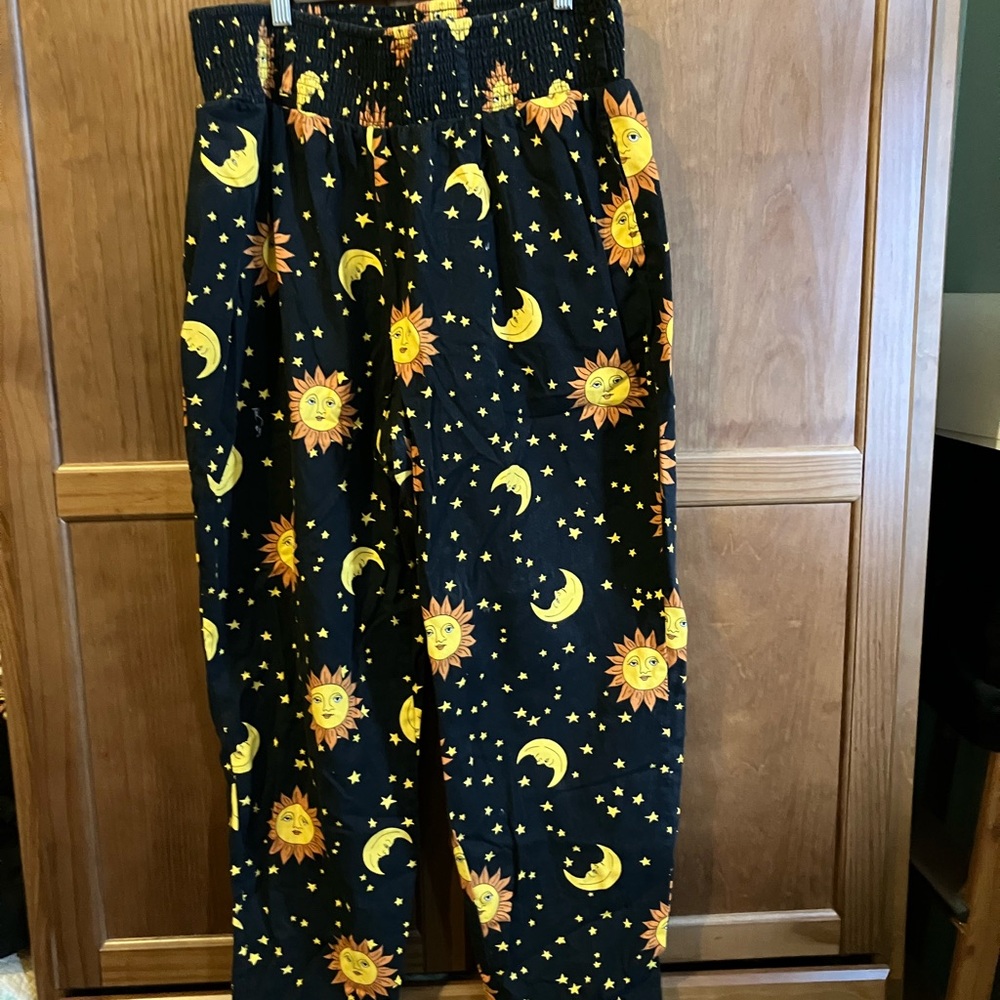 Lucy & Yak Black Pants with Sun and Moon Design celstial